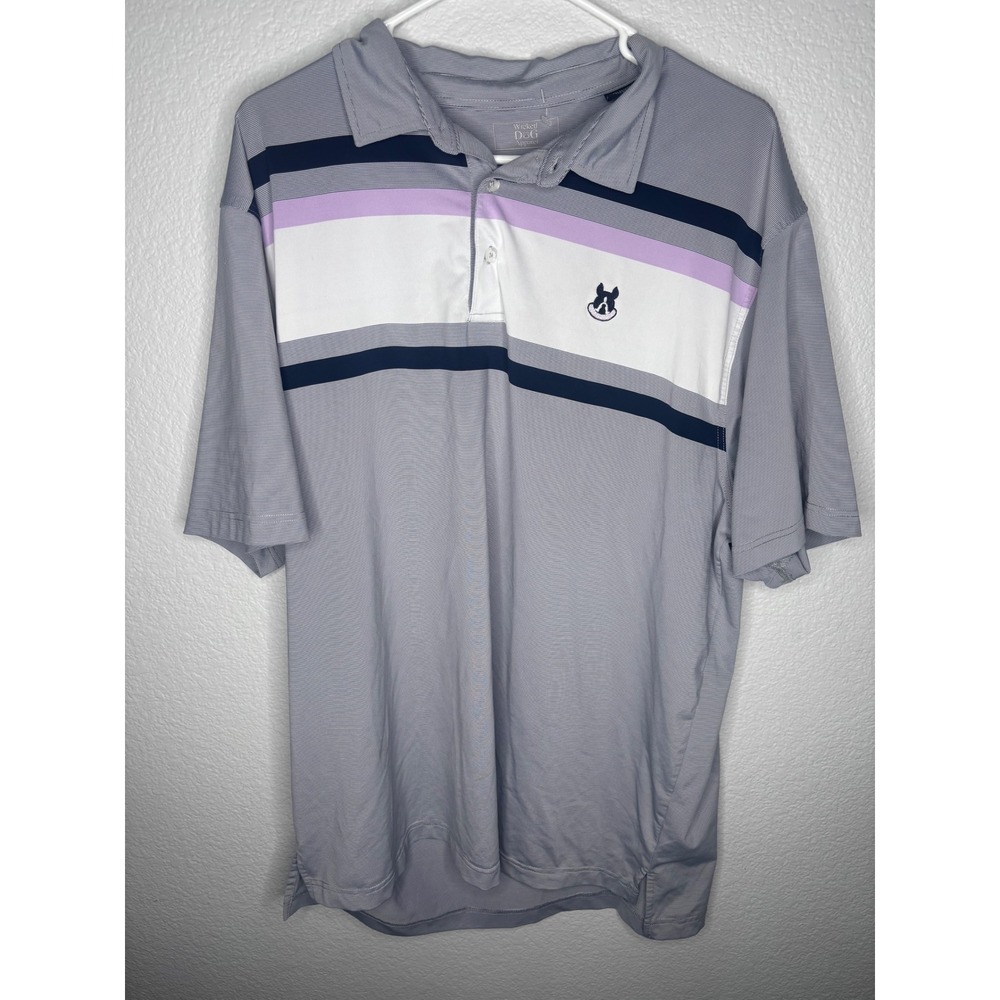 Wicked Dog Apparel Mens XL Polo Shirt Grey Purple Striped Performance Golf Dog